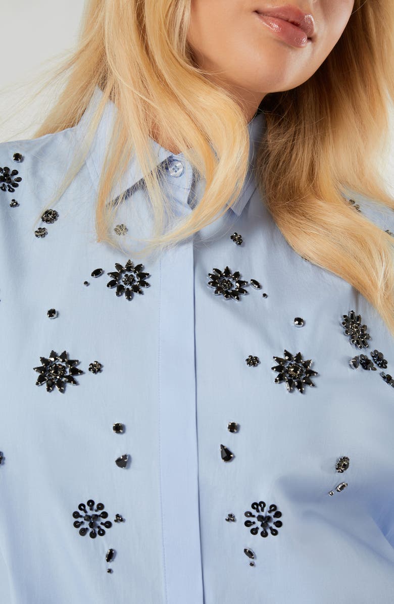 Marina Rinaldi Uganda Embellished Oversize Cotton Button-Up Shirt, Alternate, color, Light Blue