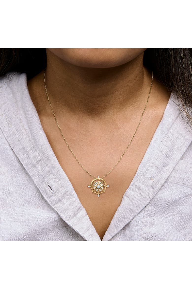 14K Yellow Gold Plated Sterling Silver 1/3 Cttw Diamond Compass Pendant Necklace, Alternate, color, Yellow Gold over Silver
