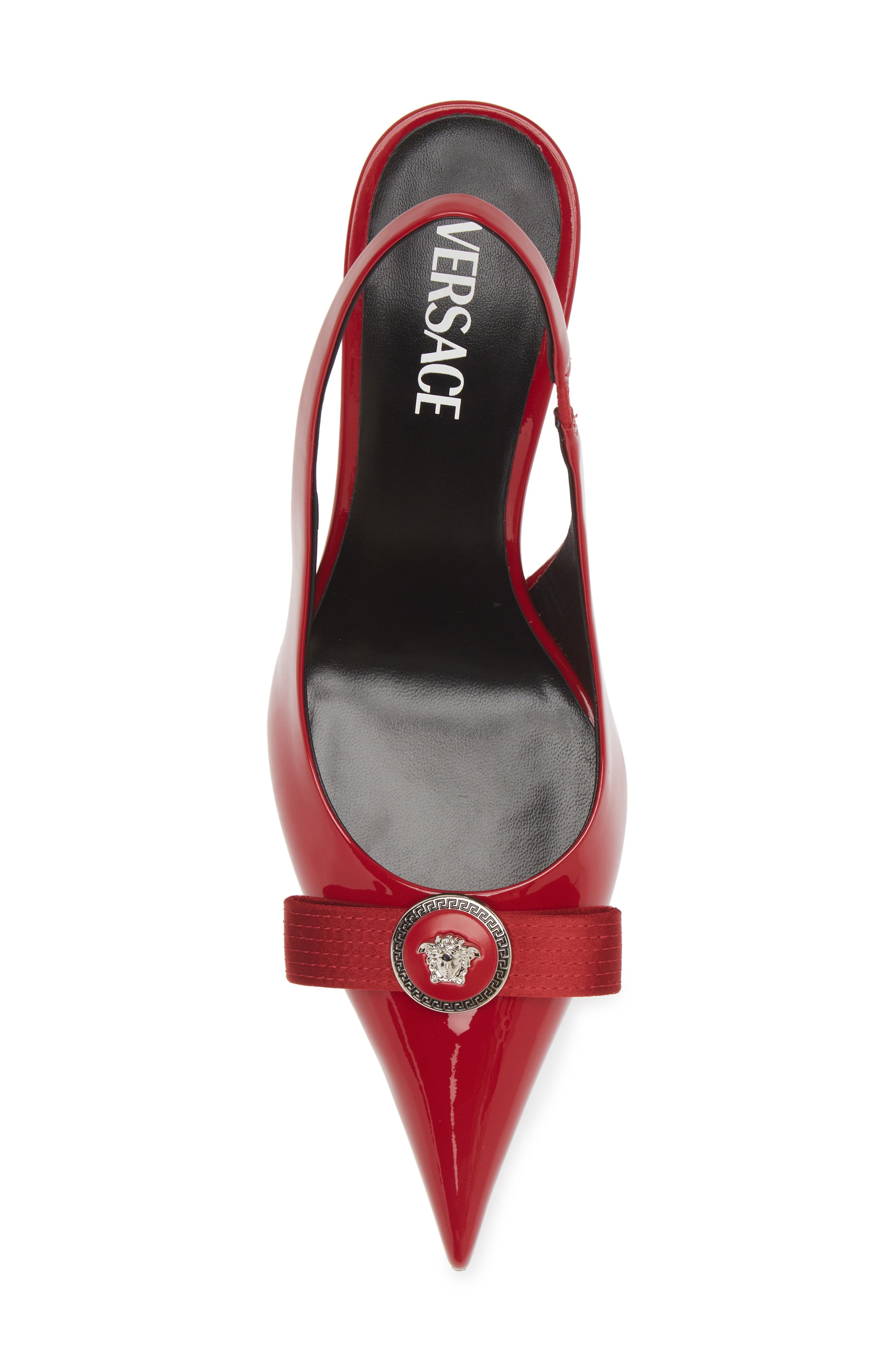 Versace Medusa Bow Pointed Toe Slingback Pump, Alternate, color, Lipstick Red-Palladium