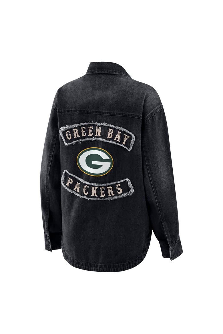 Women's WEAR by Erin Andrews Black Green Bay Packers Washed Oversized Denim Full-Snap Shacket, Alternate, color, Black