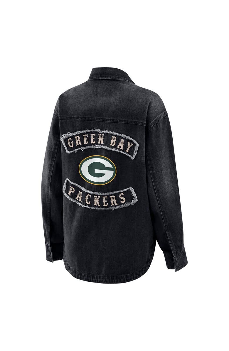 WEAR by Erin Andrews Women's WEAR by Erin Andrews Black Green Bay Packers Washed Oversized Denim Full-Snap Shacket, Alternate, color, Black