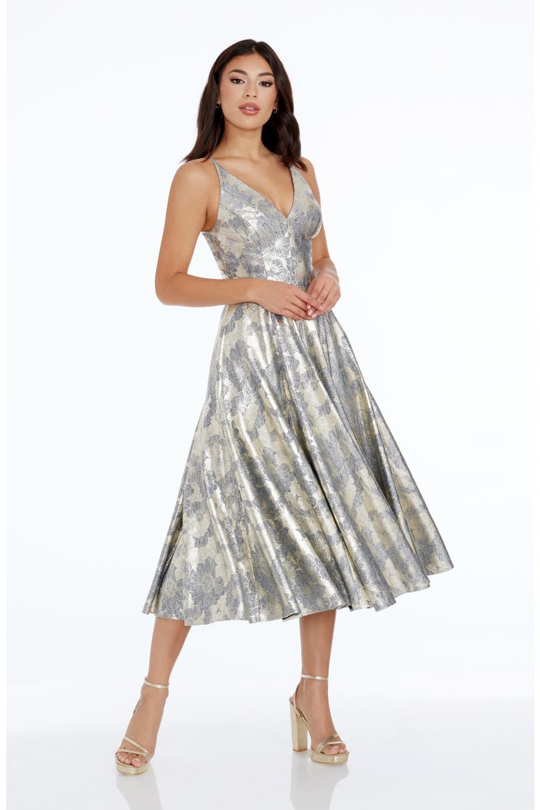 Delilah Metallic Floral Fit & Flare Midi Dress, Alternate, color, PEWTER MULTI