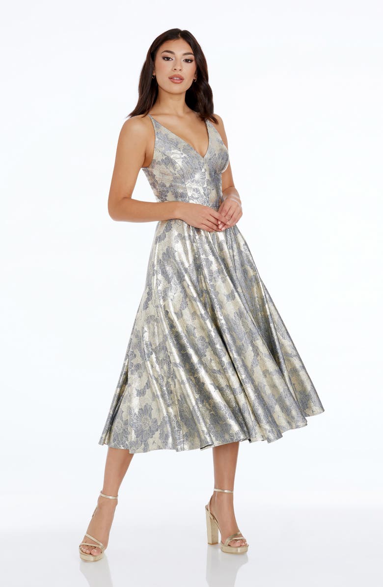 Dress the Population Delilah Metallic Floral Fit & Flare Midi Dress, Alternate, color, Pewter Multi