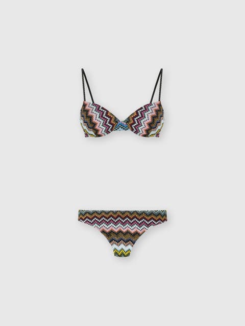 Balcony Bikini In Lamé Viscose With Zigzag Pixel-effect Pattern