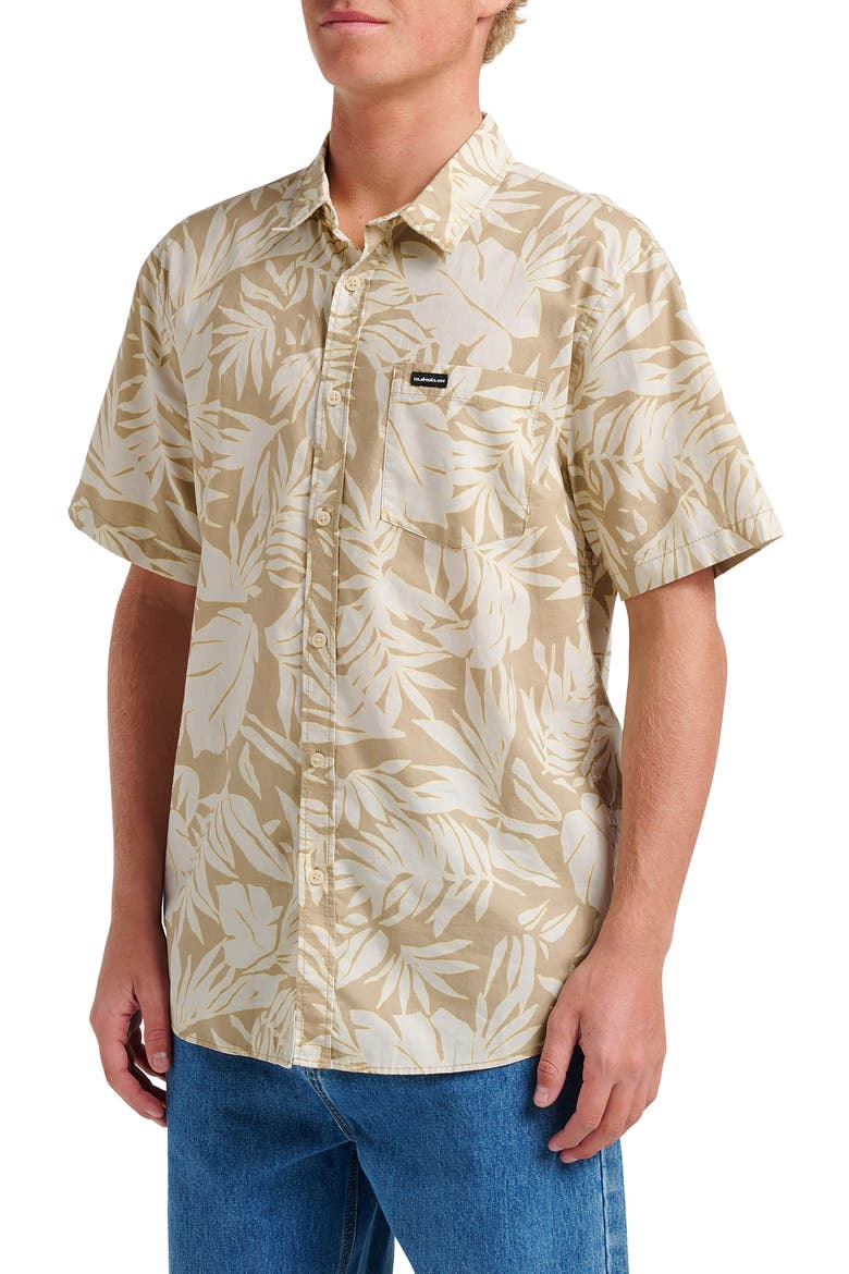 Palm Trip Classic Leaf Print Short Sleeve Cotton Button-Up Shirt, Alternate, color, TWILL