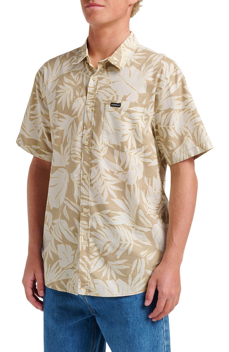 Quiksilver Palm Trip Classic Leaf Print Short Sleeve Cotton Button-Up Shirt, Alternate, color, 