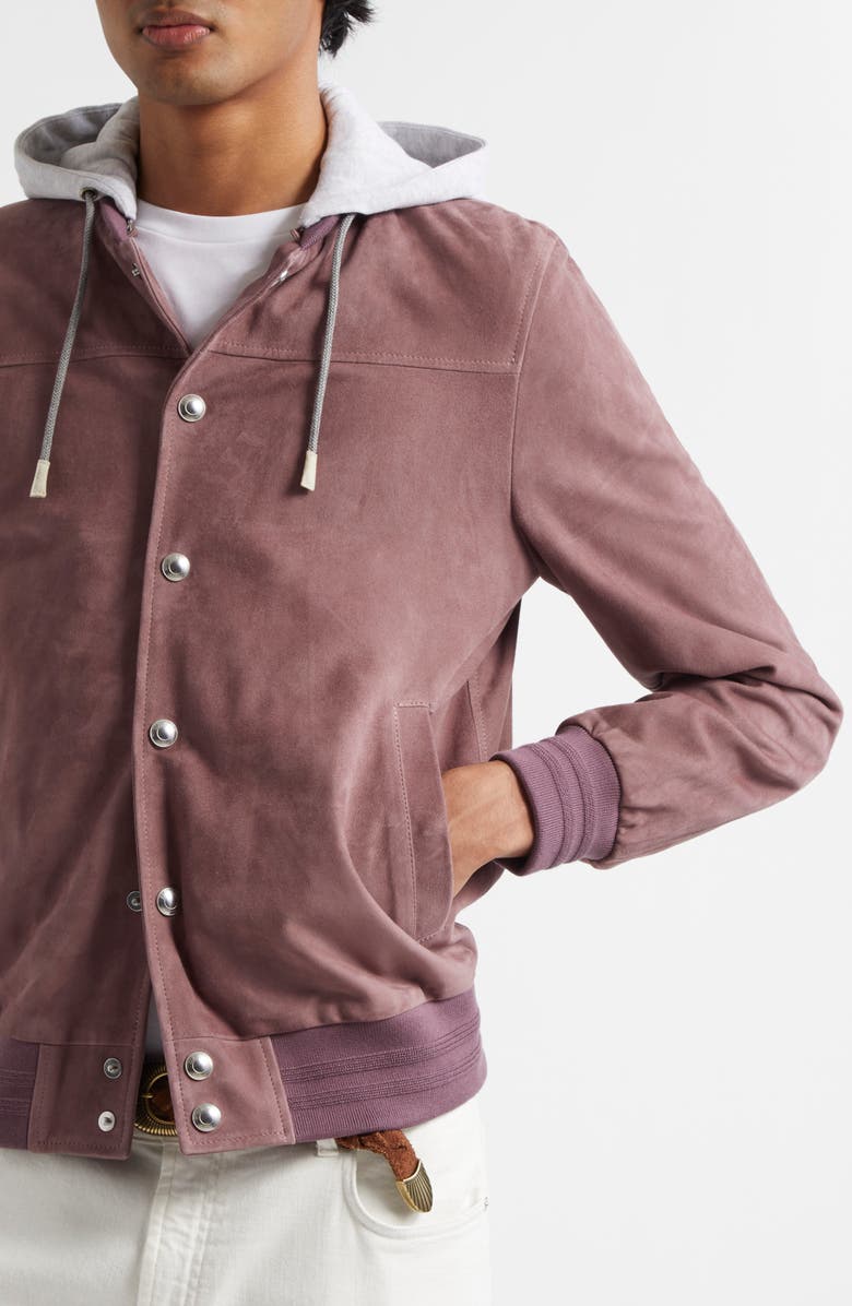 Eleventy Suede Bomber Jacket with Knit Removable Hood, Alternate, color, 47-13 Berry Lt Grey Melange