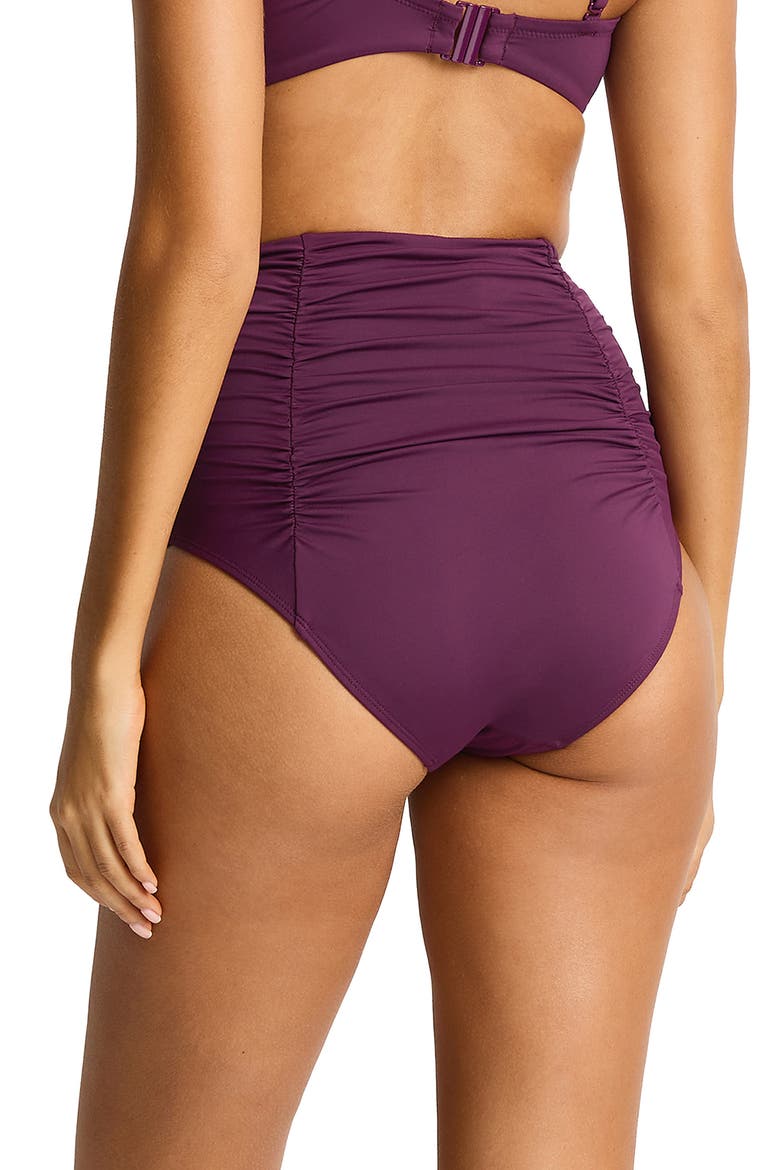 Shirred High Waist Bikini Bottoms, Alternate, color, CLARET
