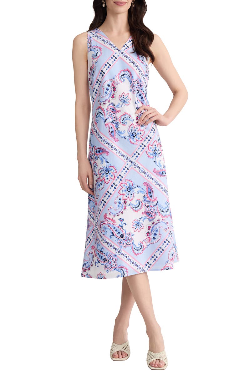Jones New York Paisley Print Sleeveless Midi Dress, Main, color, Breeze Blue Multi