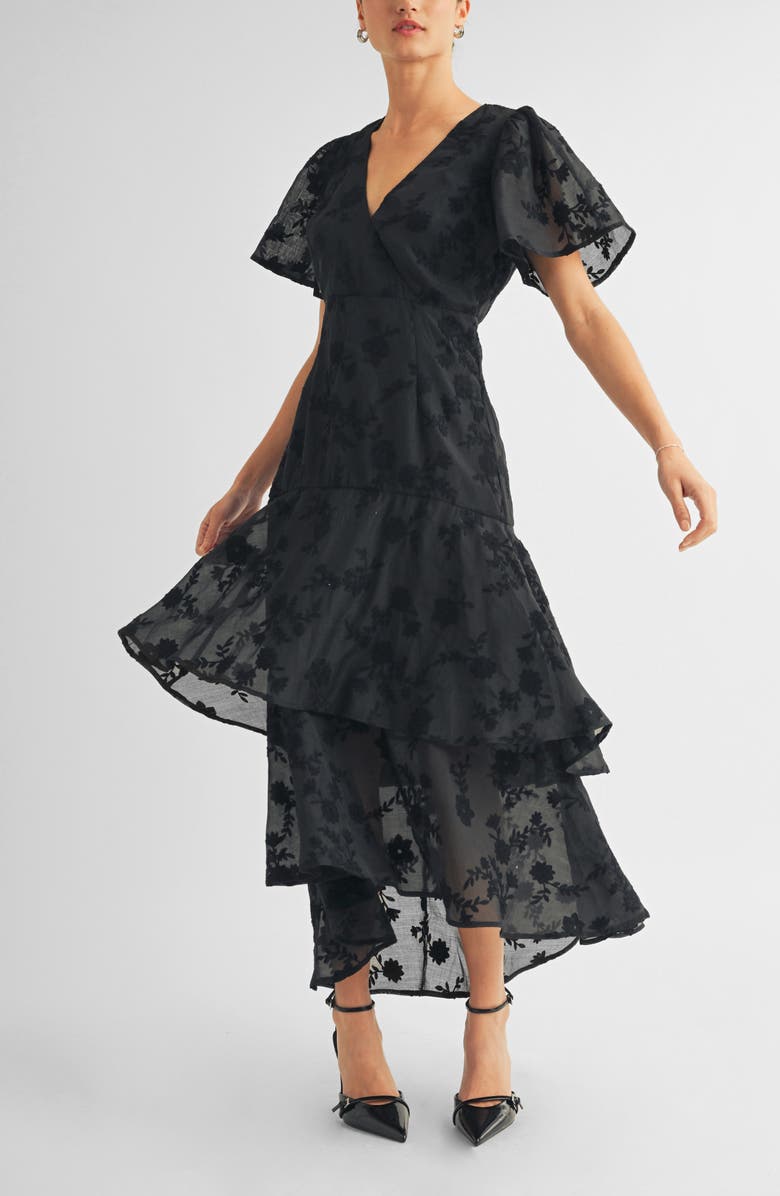 Arose Studio Londyn Flutter Sleeve Gown, Alternate, color, Black Floral