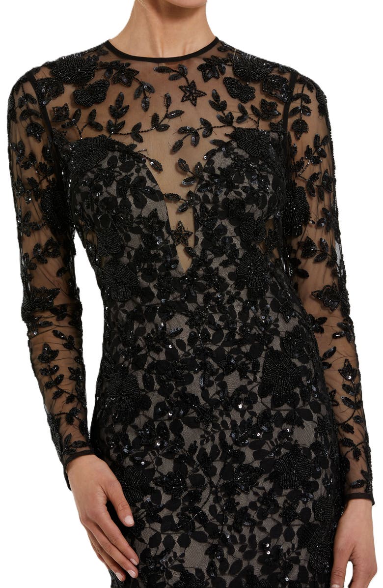 Mac Duggal Long Sleeve Floral Embellished Gown, Alternate, color, Black Nude