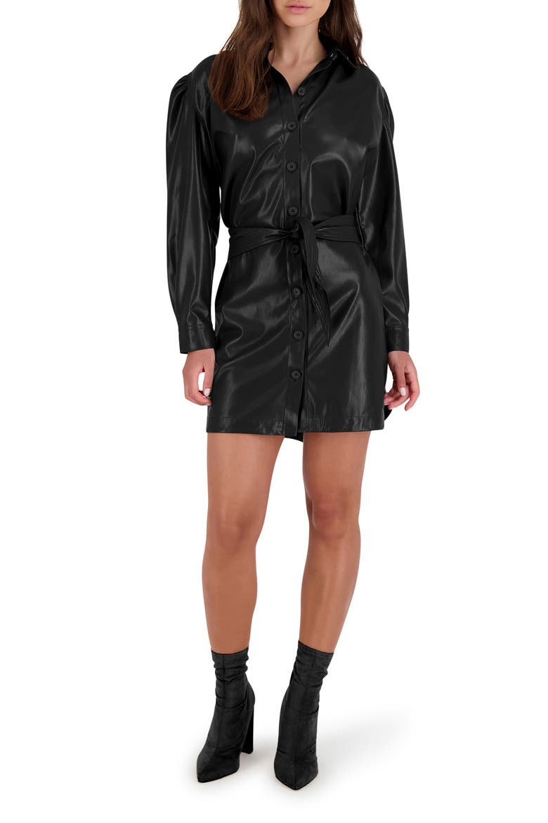 BB Dakota Faux Leather Long Sleeve Shirtdress, Main, color, BLACK