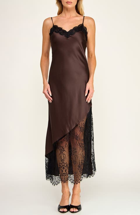 Lace Trim Satin Midi Slipdress