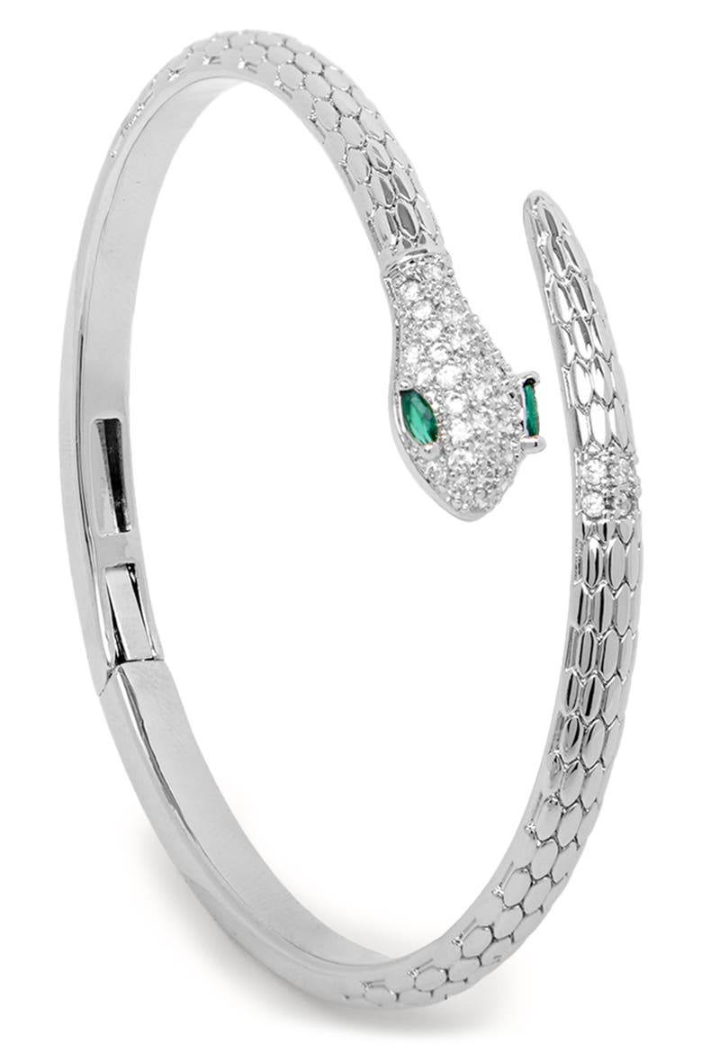 Serpent Sparkle Hinged Cuff Bracelet, Main, color, SILVER