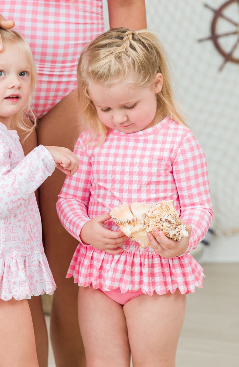 RuffleButts Gingham Scallop Hem Long Sleeve Two-Piece Rashguard Swimsuit, Alternate, color, Pink