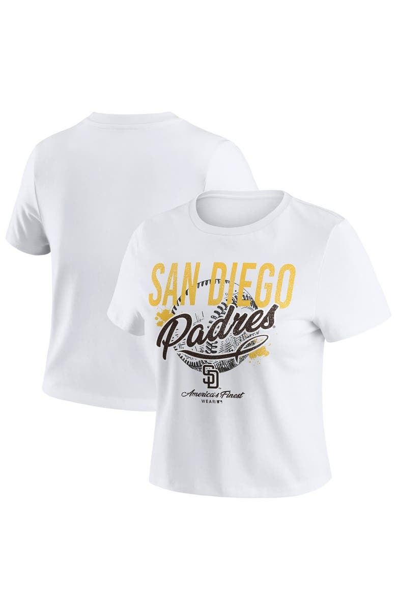 WEAR by Erin Andrews Women's WEAR by Erin Andrews  White San Diego Padres Distressed Cropped Baby T-Shirt, Main, color, 