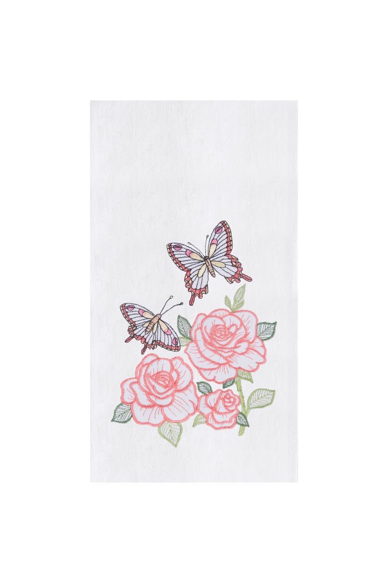 Butterflies & Roses Embroidered Cotton Flour Sack Kitchen Towel, Main, color, Pink