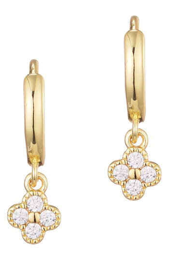 Adornia 14k Gold Plated Extra Mini Cz Clover Dangle Huggie Earrings In Gold