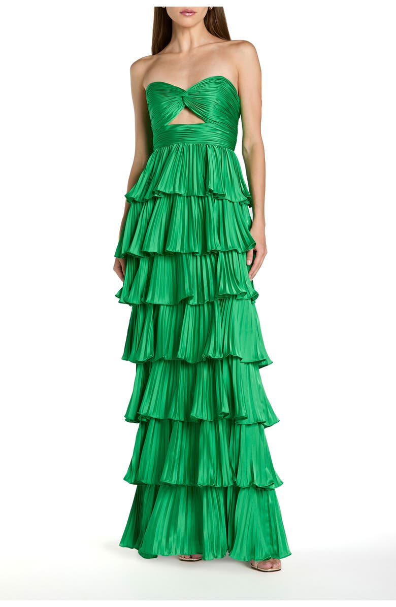Mac Duggal Pleated Charmeuse Strapless Tiered Ruffle Gown, Main, color, Spring Green