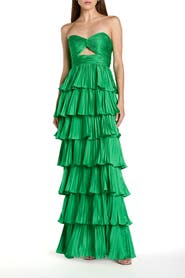 Mac Duggal Pleated Charmeuse Strapless Tiered Ruffle Gown