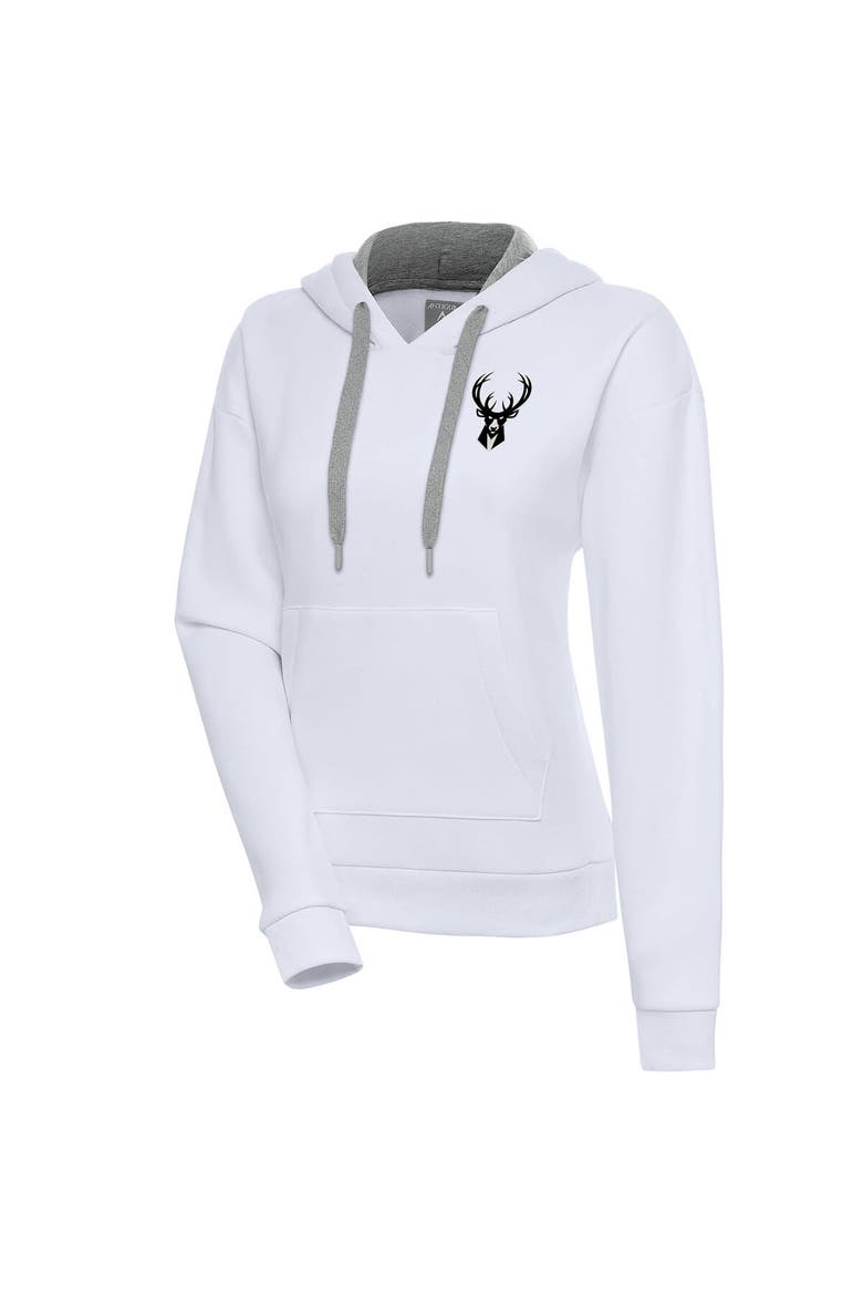 Women's Antigua  White Milwaukee Bucks Brushed Metallic Victory Pullover Hoodie, Main, color, White