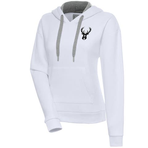 Women's Antigua  White Milwaukee Bucks Brushed Metallic Victory Pullover Hoodie