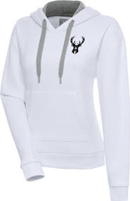 ANTIGUA Women's Antigua  White Milwaukee Bucks Brushed Metallic Victory Pullover Hoodie