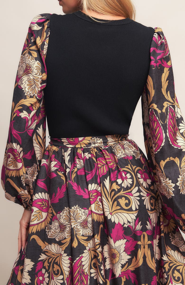 FLYING TOMATO Long Sleeve Mixed Media Fit & Flare Dress, Alternate, color, Black Magenta