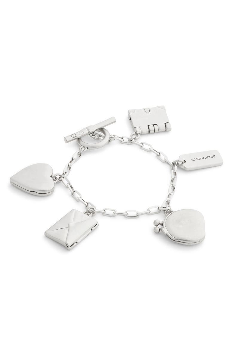COACH Heart & Book Charm Bracelet, Main, color, Antique Silver