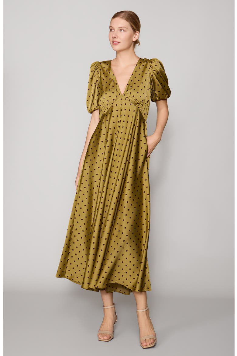 Polka Dot Satin Maxi Dress, Alternate, color, OLIVE/ BROWN