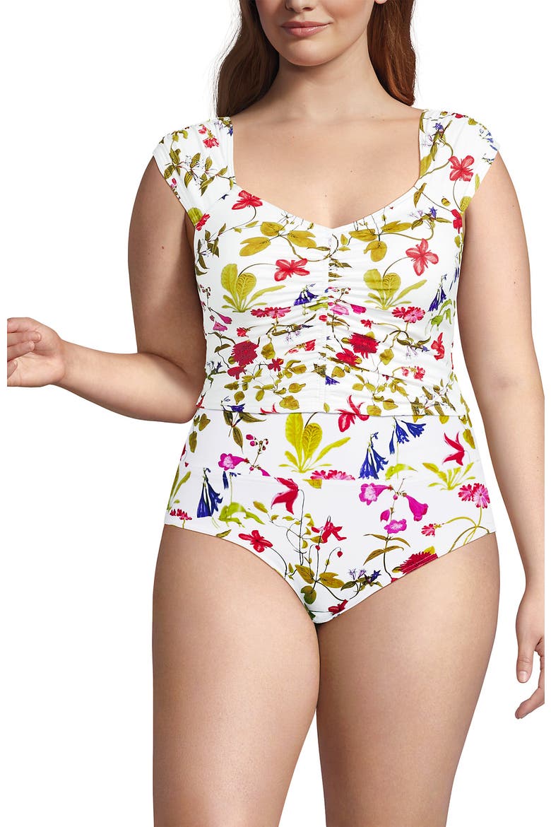 Ruched Cap Sleeve Tankini Top, Main, color, White Multi Garden Floral