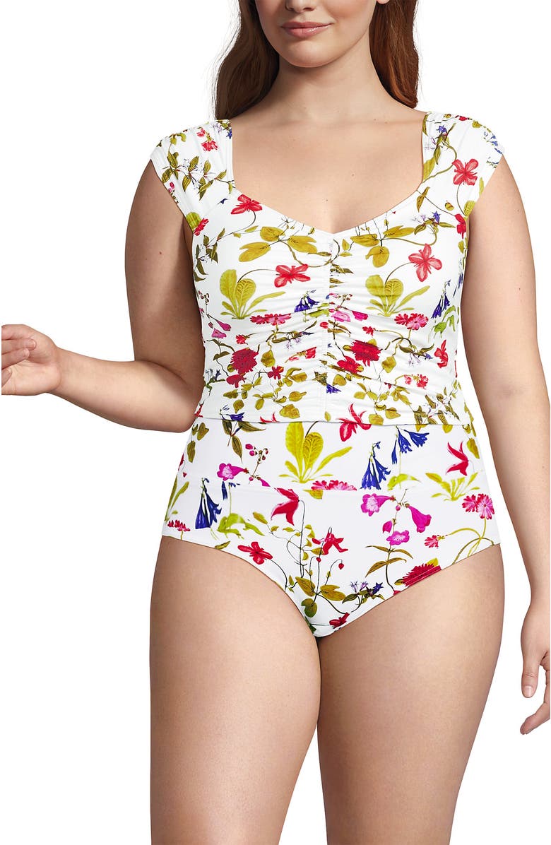 Lands' End Ruched Cap Sleeve Tankini Top, Main, color, White Multi Garden Floral