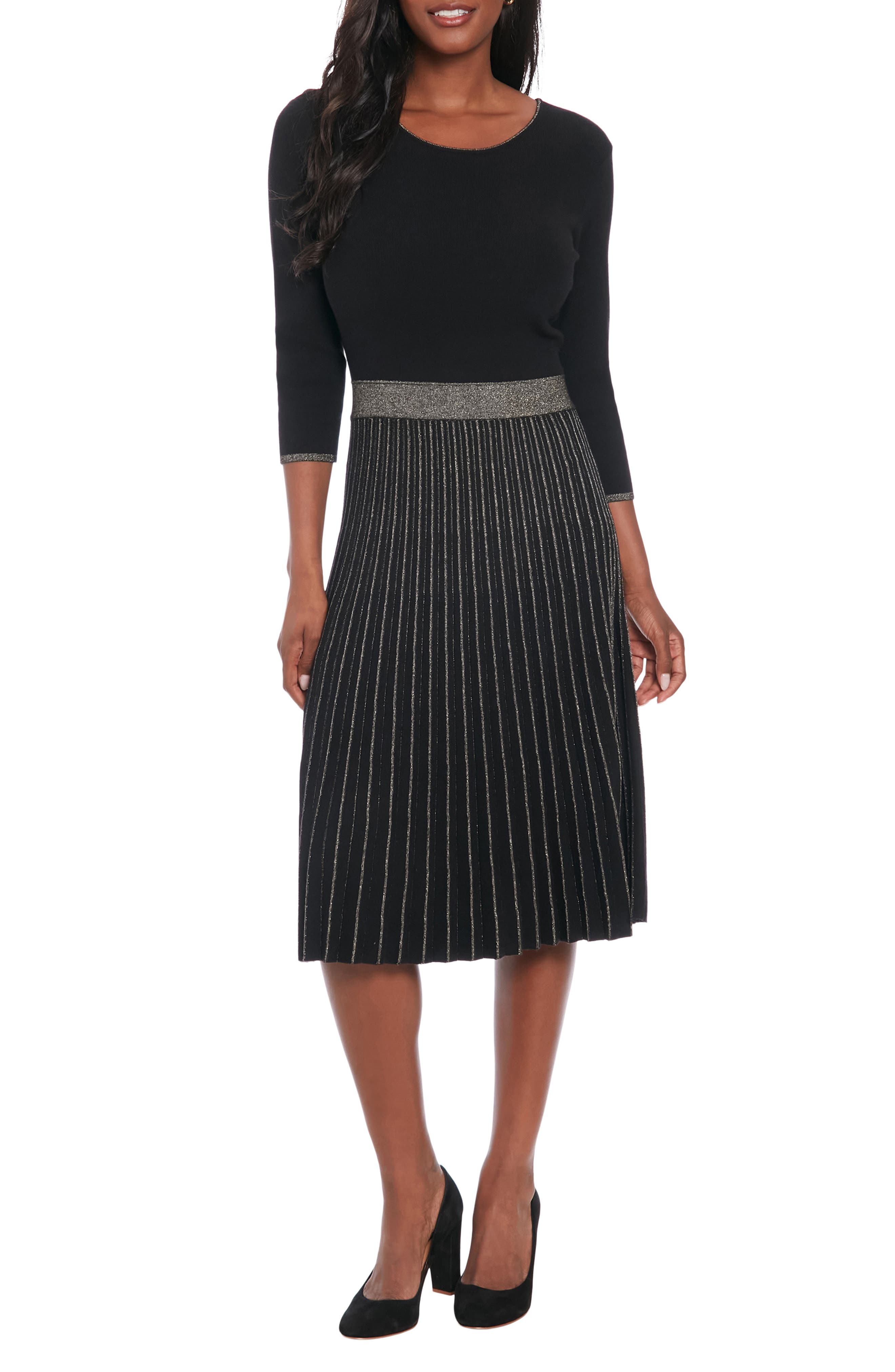London Times Long Sleeve Pleated Sweater Dress
