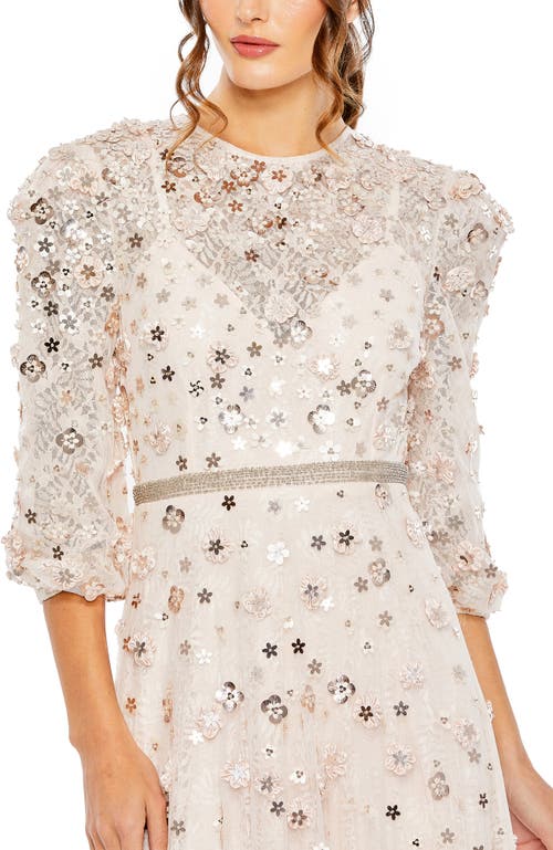 Mac Duggal Floral Applique Puff Sleeve High Neck A-line Gown In Blush