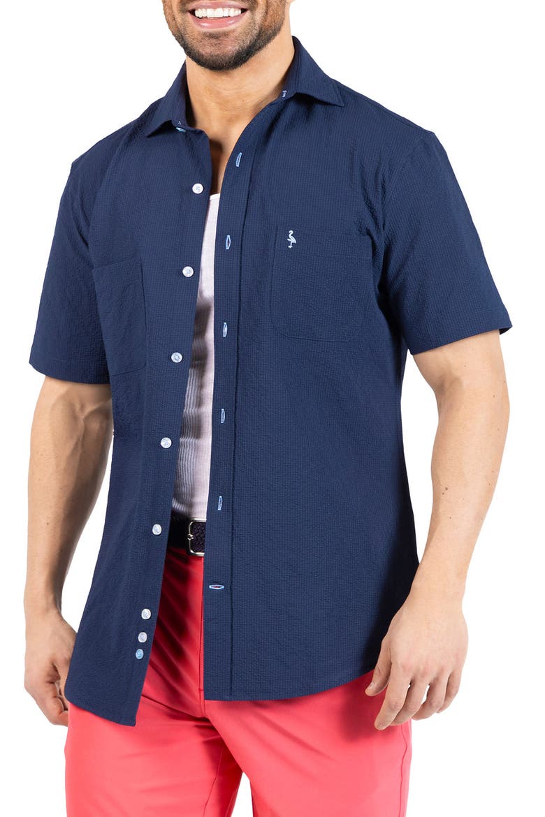 Seersucker Short Sleeve Button-Up Shirt, Alternate, color, NAVY