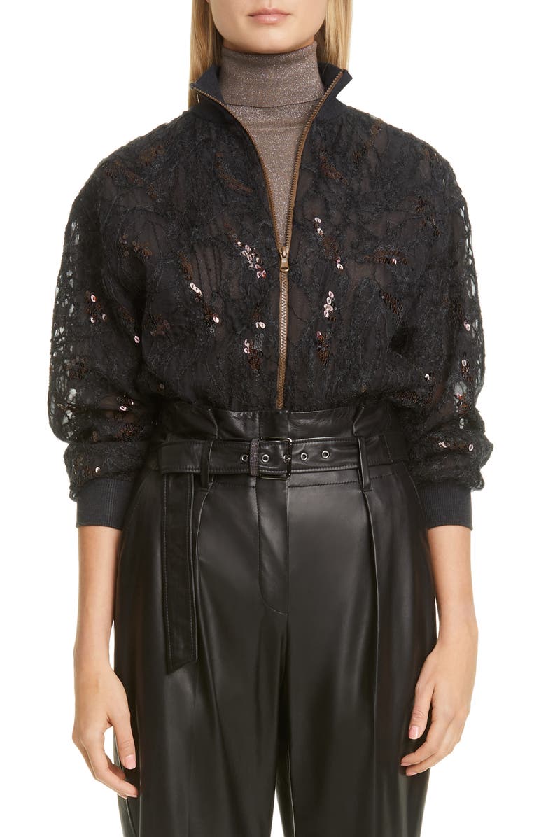 Brunello Cucinelli Embellished Silk Tulle Bomber Jacket, Main, color,
