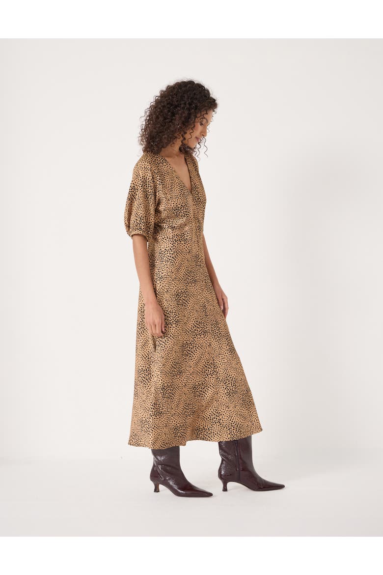 Grace V-Neck Puff Sleeve Satin Dress, Alternate, color, Deer Brown