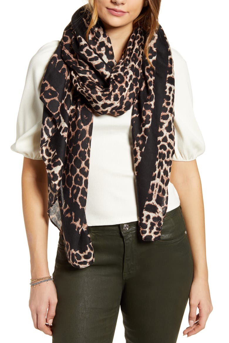 Leopard Print Scarf, Main, color, BROWN MULTI