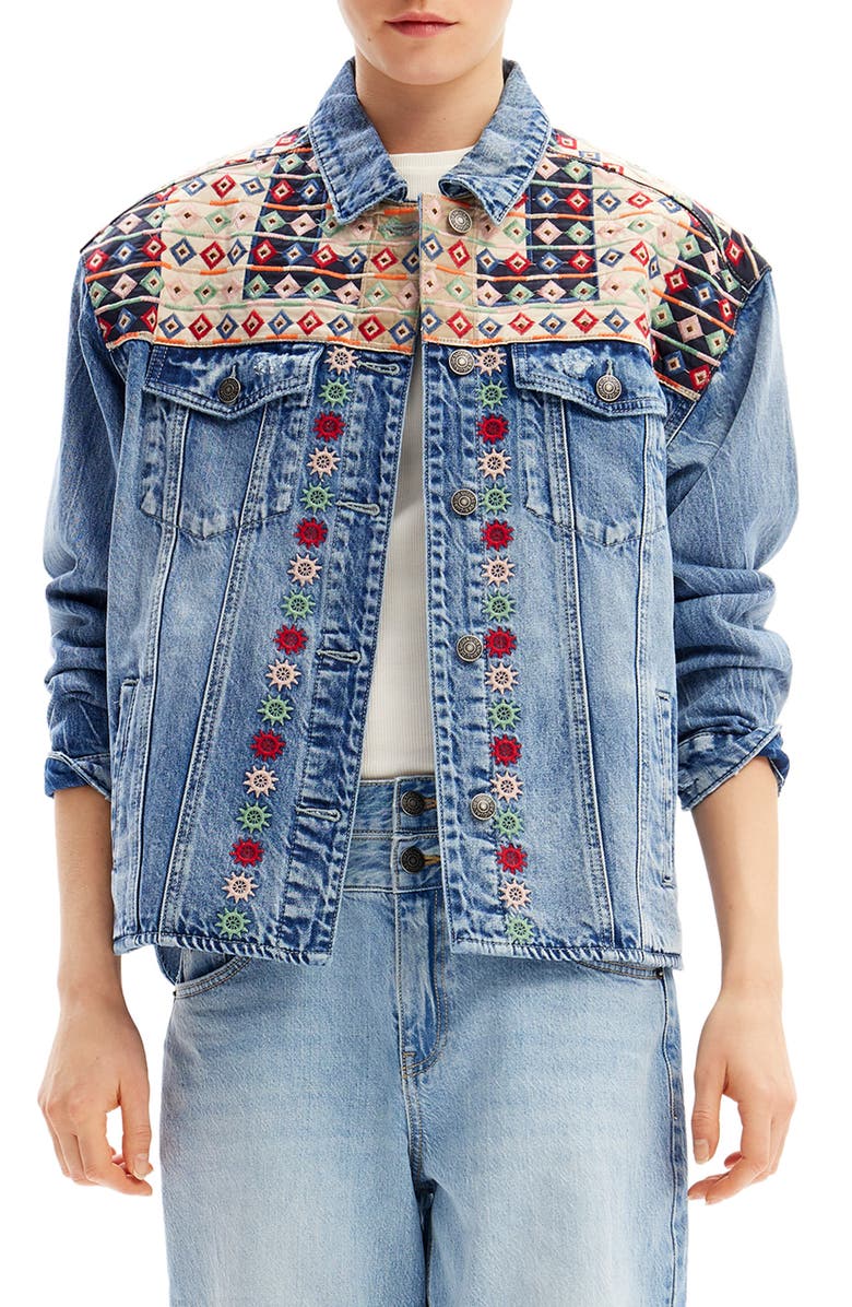 Desigual Embroidered Denim Trucker Jacket, Main, color, 