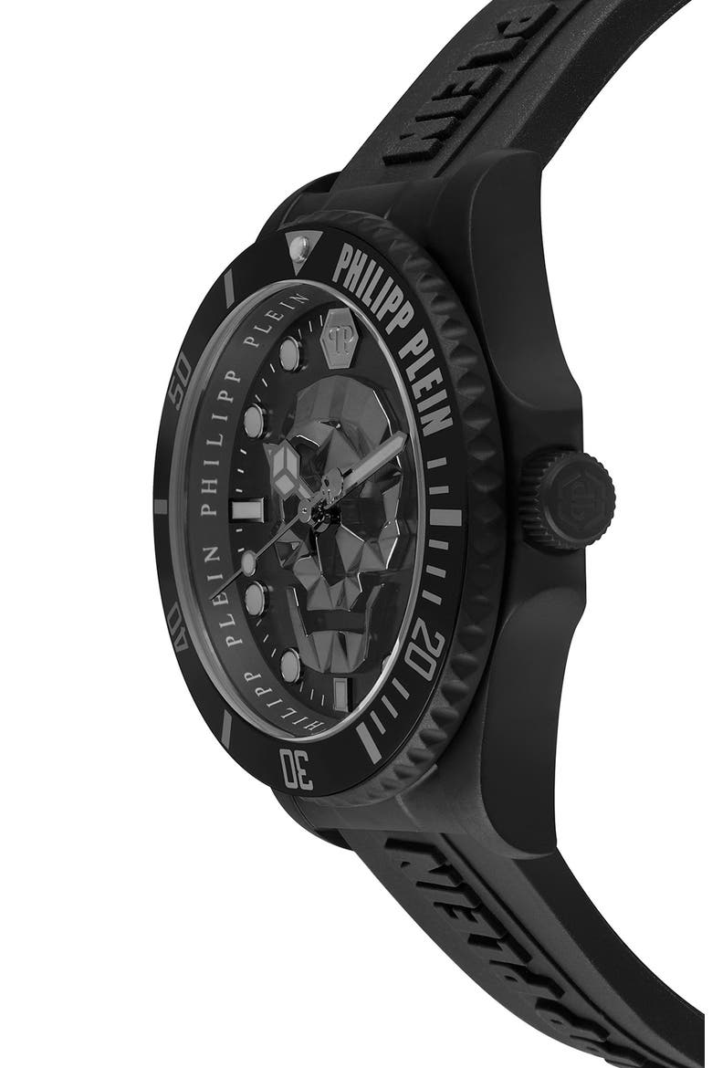 The $kull Carbon Fiber Dial Silicone Strap Watch, 44mm, Alternate, color, IP BLACK