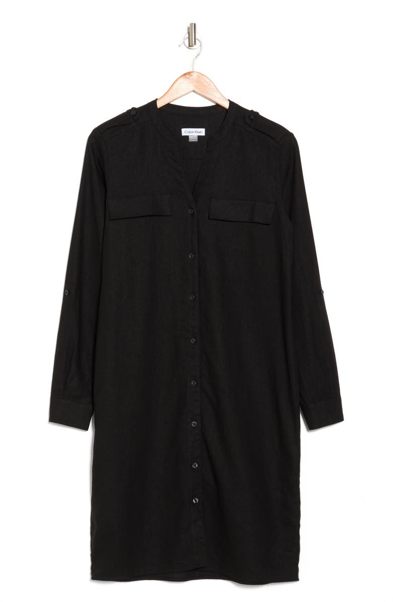Calvin Klein Front Button Long Sleeve Linen Blend Dress | Nordstromrack
