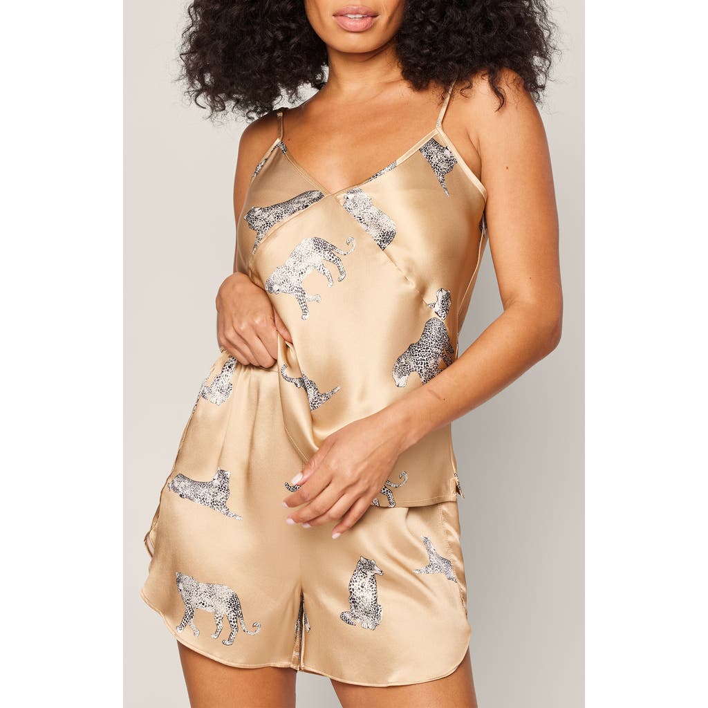 Petite Plume Panther Print Mulberry Silk Cami Pajamas in Beige