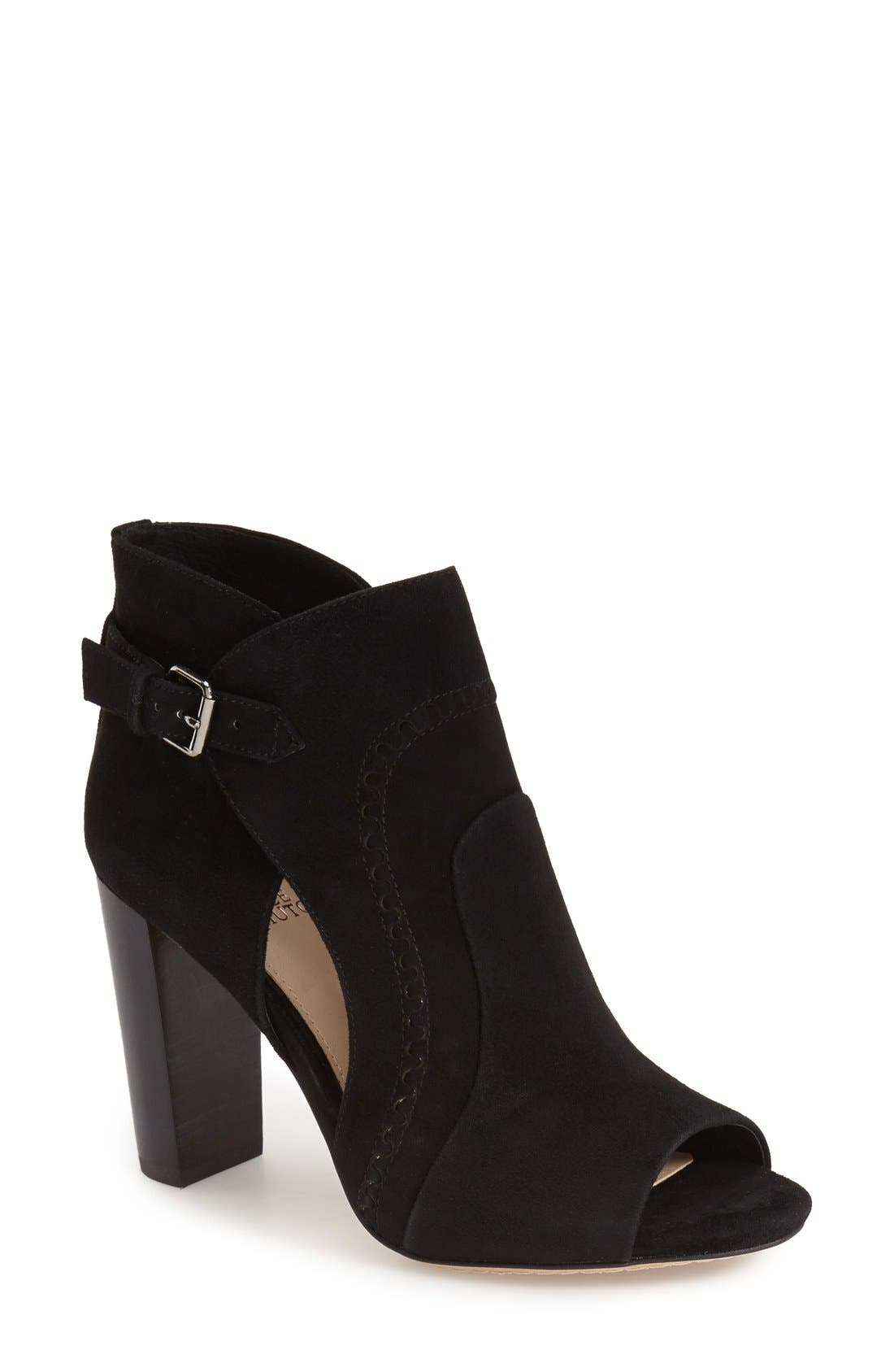 'Conley Buckle' Open Toe Bootie (Women), Main, color, BLACK