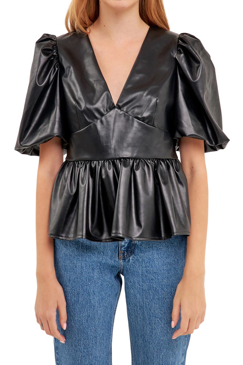 Puff Sleeve Faux Leather Peplum Top, Alternate, color, BLACK