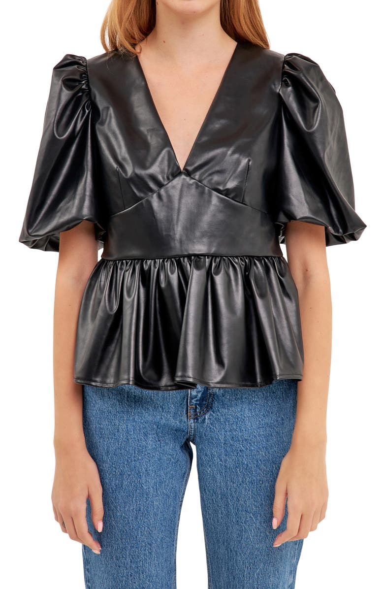English Factory Puff Sleeve Faux Leather Peplum Top, Alternate, color, Black