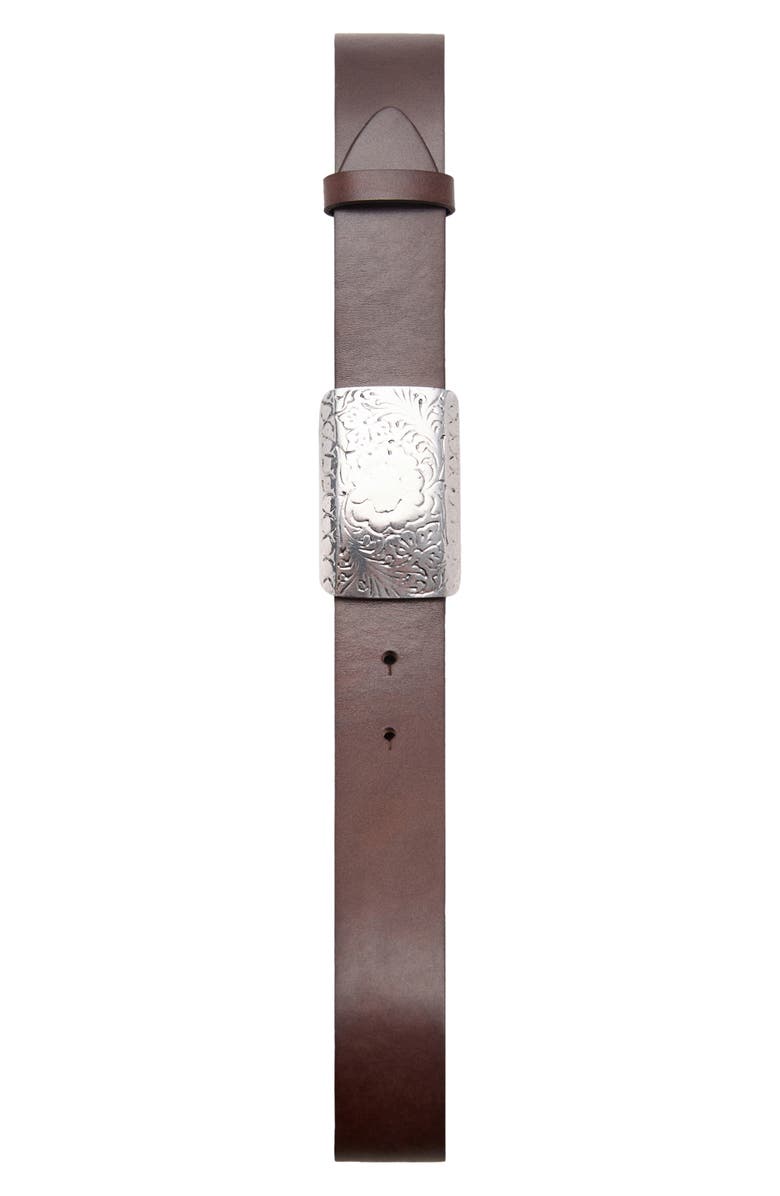 MANGO Engraved Buckle Leather Belt, Alternate, color, Chocolate