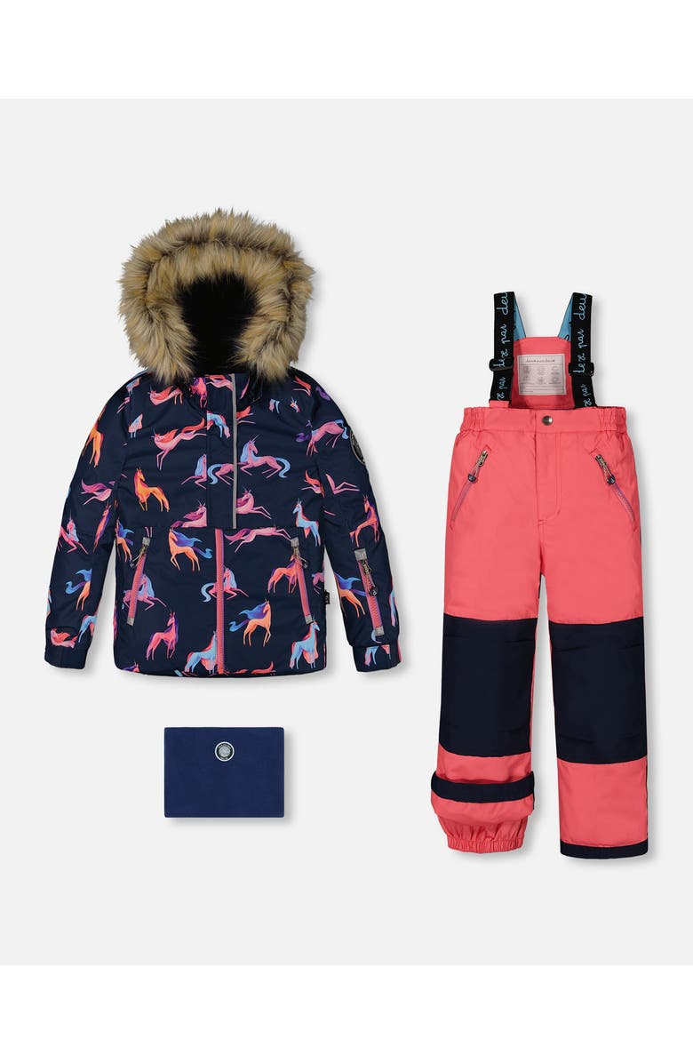 Deux par Deux Little Girl's Two Piece Snowsuit Navy Printed Unicorns And Coral, Main, color, 