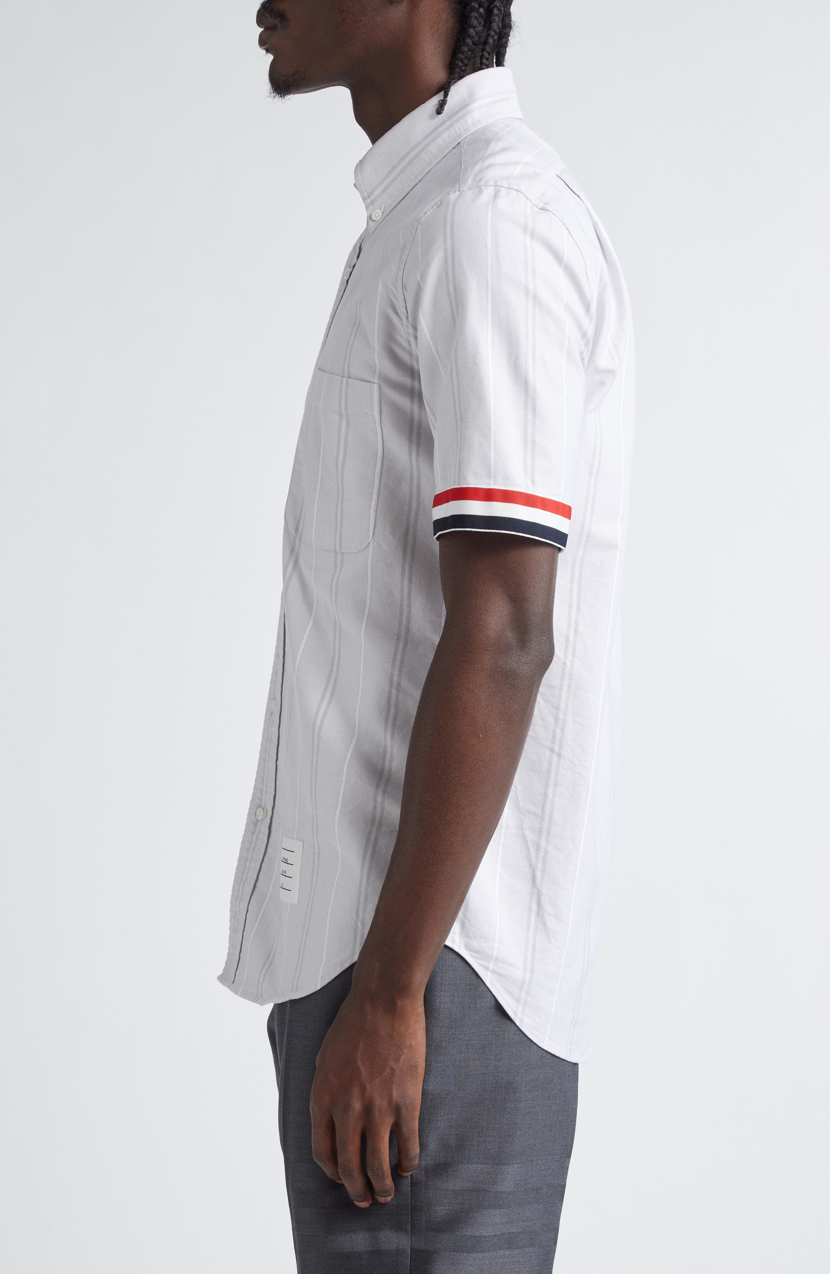 Thom Browne Straight Fit Stripe Short Sleeve Cotton Button-Down