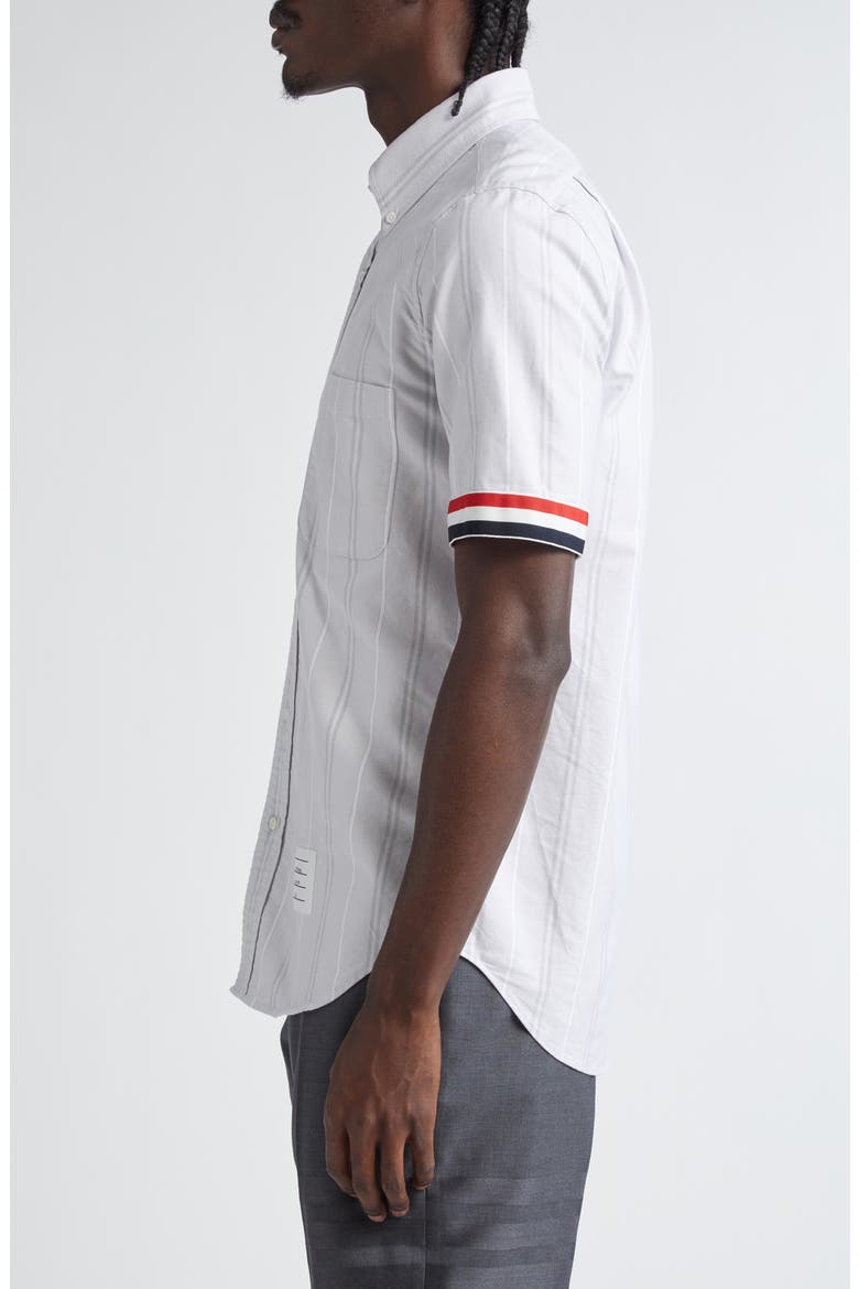 Straight Fit Stripe Short Sleeve Cotton Button-Down Shirt, Alternate, color, MEDIUM GREY