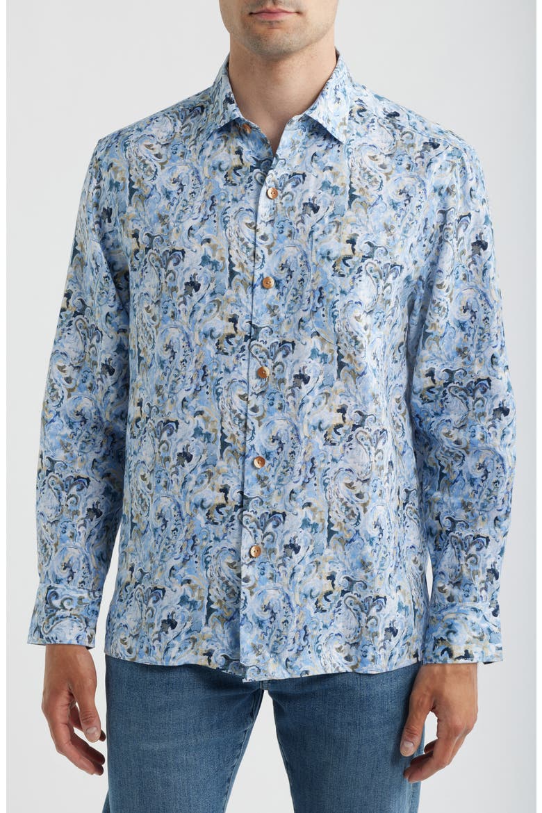 Tidal Echoes Paisley Linen Button-Up Shirt, Main, color, CLEAR SKY BLUE